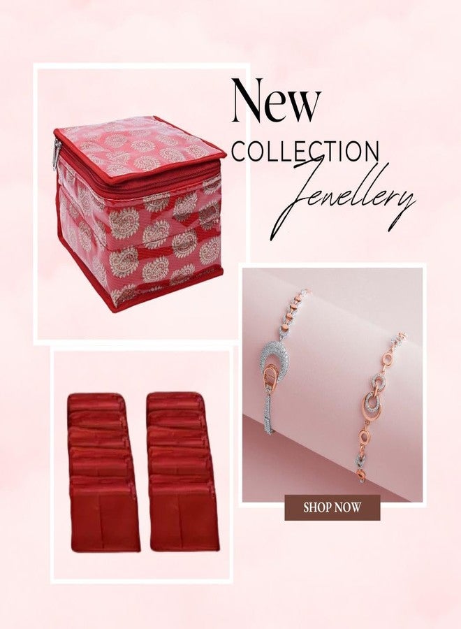 STACKRAID Brocade Jewellery Organizer With 10 Transparent Pouch, Vanity Box Size 19 x 18 x 13, Pack of 1 (Red) - Image 2